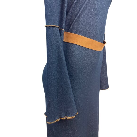 Moa Moa Blue Denim Bell Sleeve Dress With Tan Waist Tie Size M - Picture 5 of 9